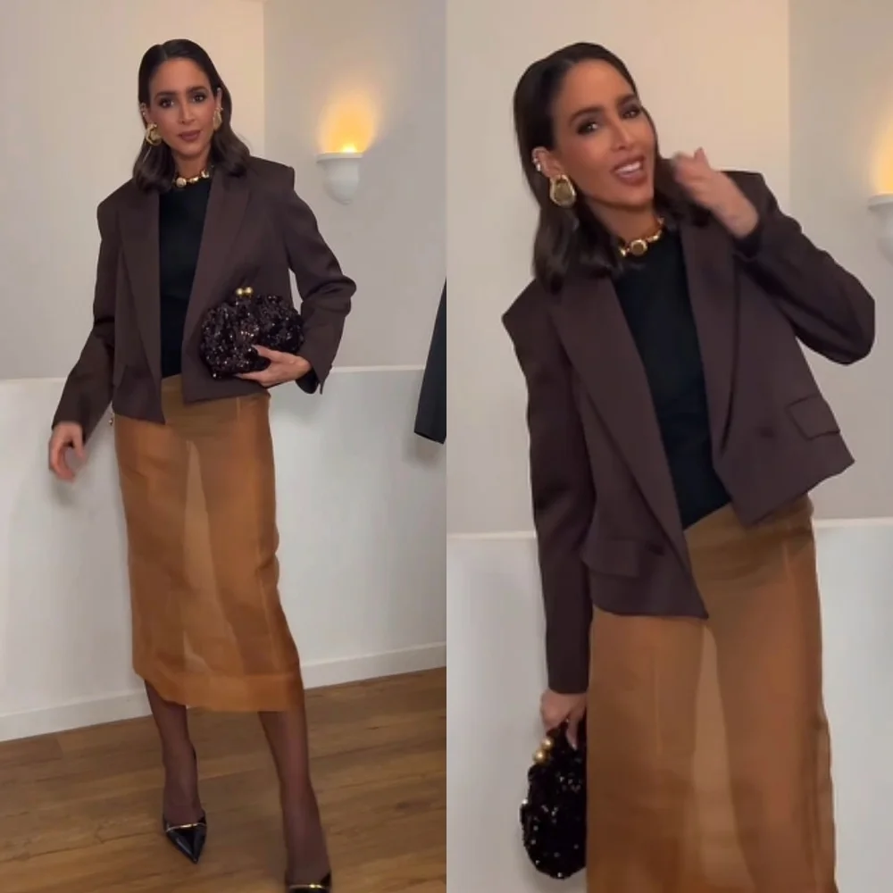Zara Satin Double Breasted Cropped Blazer Jacket Brown Size XL